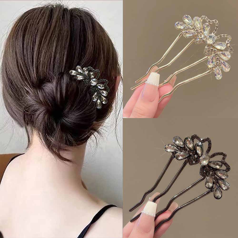 Tech Accessories For Women - Fashion Rhinestones U-Shaped Hair Sticks Butterfly